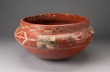 Polychrome Bowl with Geometric Designs and Face in Relief on Shoulder, c. 400 B.C. Creator: Unknown