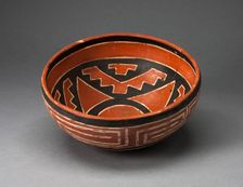 Polychrome Bowl with Geometric Star Motif on Interior and Interloking Scroll on Exterio, AD 1300/140 Creator: Unknown