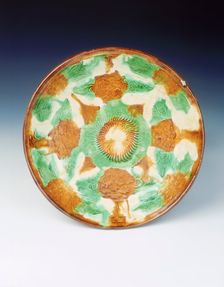 Polychrome dish with moulded decoration, Liao dynasty, China, late 11th century