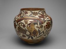 Polychrome Jar with Rainbow, Macaw, and Floral Motifs, 1880s. Creator: Unknown