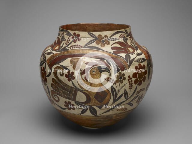 Polychrome Jar with Rainbow, Macaw, and Floral Motifs, 1880s. Creator: Unknown.