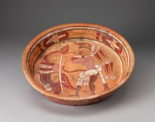 Polychrome Plate Depicting a Standing Figure with Ornate Speach-Scroll, A.D. 600/900. Creator: Unknown