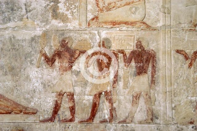Polychrome relief depicting offering bearers, Mastaba of Mereruka, Saqqara, Egypt, 2340 BC (2003). Creator: Unknown.