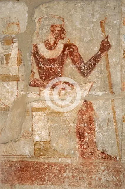 Polychrome relief depicting a seated man, Mastaba of Iynefert, Saqqara, Egypt, Old Kingdom ( 2003). Creator: Unknown.