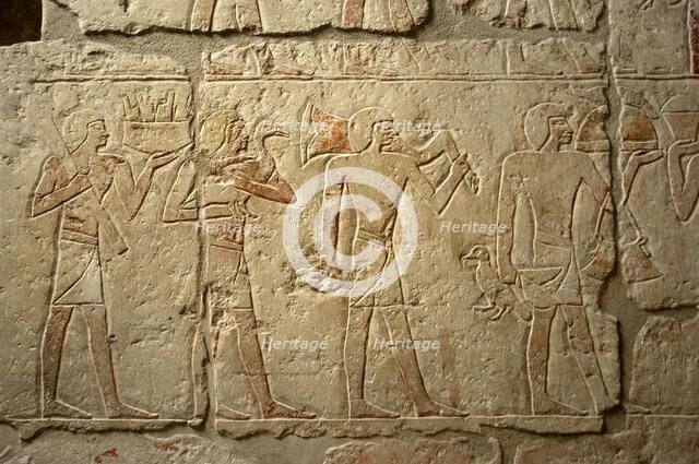 Polychrome relief depicting a religious procession, Mastaba of Iynefert, Saqqara, Egypt, ( 2003). Creator: Unknown.