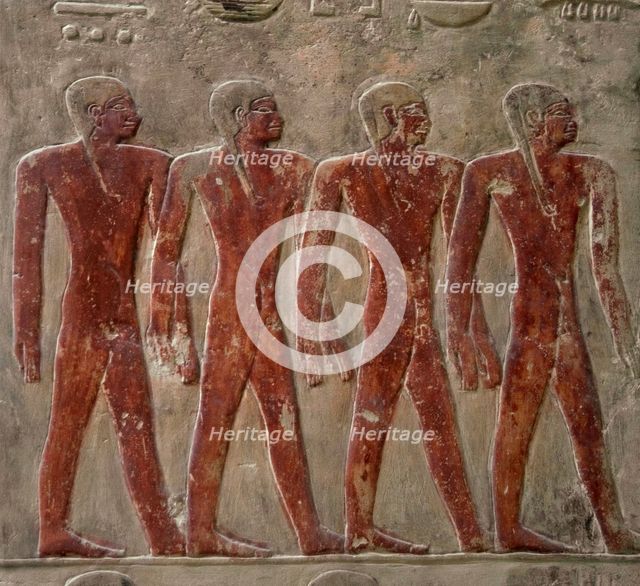 Polychrome relief depicting four young men..., Mastaba of Mereruka, Saqqara, Egypt, 2340 BC (2003). Creator: Unknown.