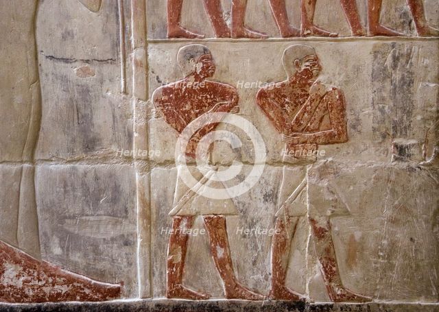 Polychrome relief depicting two Egyptian men, Mastaba of Mereruka, Saqqara, Egypt, 2003. Creator: Unknown.