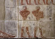 Polychrome relief depicting two Egyptian men, Mastaba of Mereruka, Saqqara, Egypt, 2003. Creator: Unknown