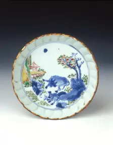 Polychrome saucer dish with cow and donkey, late Ming dynasty, Chongzhen period, China, 1630-1644. Creator: Unknown