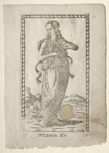 Polyhymnia (heroic hymns) (from the Tarocchi series D..., before 1467. Creator: Master of the E-Series Tarocchi (Italian, 15th century)