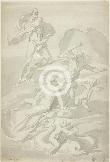 Polyphemus Throwing Boulder at Acis, with Galatea (recto), and Pholyphemus Lifting Boulder (verso). Creator: William Taverner.