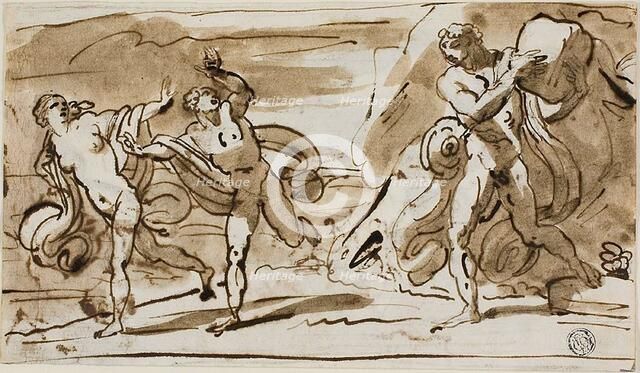 Polyphemus Throwing Boulders at the Fleeing Aeis and Galatea (recto)..., n.d. Creator: Felice Giani.
