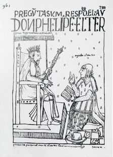 Poma de Ayala appears prostrate before the King Philip II, illustration in Nueva Crónica y Buen …