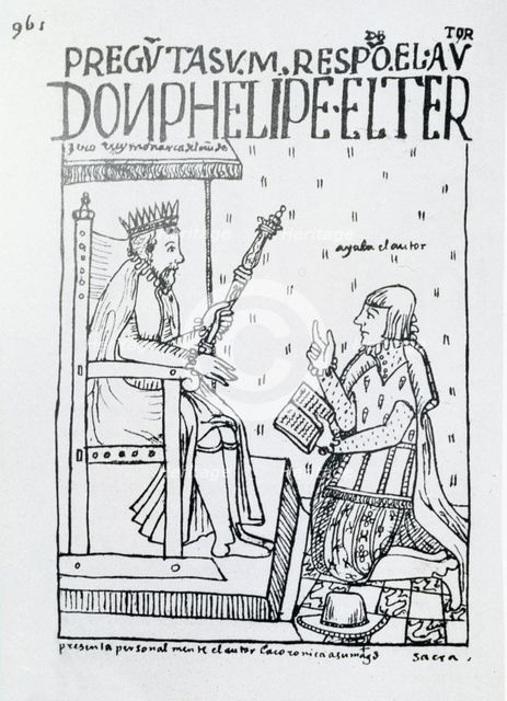 Poma de Ayala appears prostrate before the King Philip II, illustration in 'Nueva Crónica y Buen …
