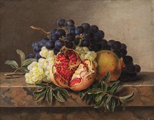 Pomegranates and green and blue grapes on a marble frame, 1833. Creator: Jensen, Johan Laurentz (1800-1856)