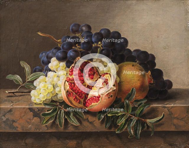 Pomegranates and green and blue grapes on a marble frame, 1833. Creator: Jensen, Johan Laurentz (1800-1856).