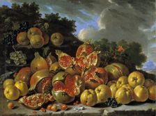 Pomegranates, apples, haws and grapes in a landscape, 1771. Creator: Luis Meléndez