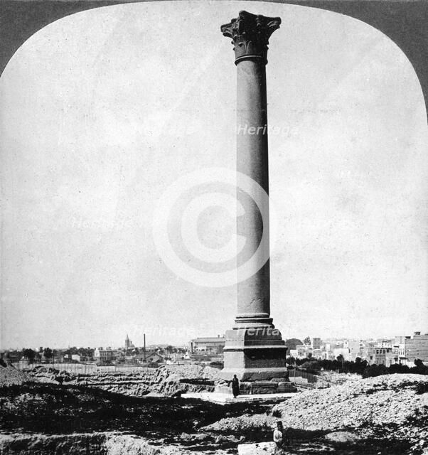 'Pompey's Pillar, the sailor's landmark, and modern Alexandria, Egypt', 1905.Artist: Underwood & Underwood