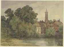 Pond, behind it the houses of a village with a church steeple, 19th century. Creator: Karl Peter Burnitz