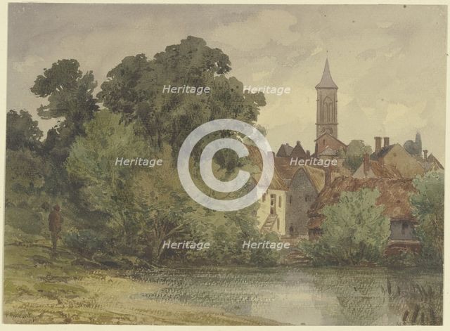 Pond, behind it the houses of a village with a church steeple, 19th century. Creator: Karl Peter Burnitz.