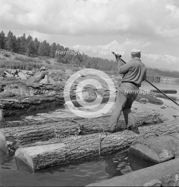 Pond monkey channels log raft, Keno, Klamath County, Oregon, 1939. Creator: Dorothea Lange.