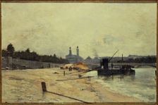 Pont de l'Alma (Alma Bridge) and the old Trocadero seen from the Quai d'Orsay, c1880. Creator: Rene Billotte