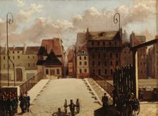 Pont de l'Archevêché guarded by troops during the 1848 revolution. Creator: Unknown