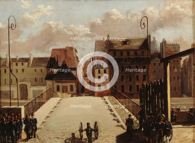 Pont de l'Archevêché guarded by troops during the 1848 revolution. Creator: Unknown.
