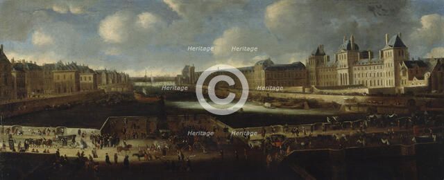 Pont-Neuf, seen from the entrance to Place Dauphine, Quai Malaquais with the Collège...around 1665, Creator: Unknown.