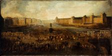 Pont-Neuf, seen from entrance to Place Dauphine, the Malaquais quay with..., between 1660 and 1670. Creator: Unknown