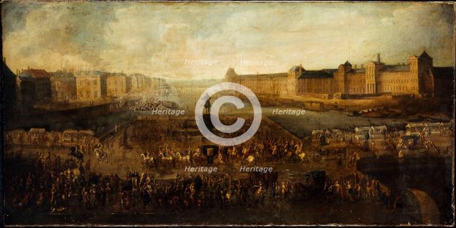 Pont-Neuf, seen from entrance to Place Dauphine, the Malaquais quay with..., between 1660 and 1670. Creator: Unknown.