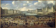Pont-Neuf, seen from entrance to Place Dauphine, the Malaquais quay..., around 1669. Creator: Unknown