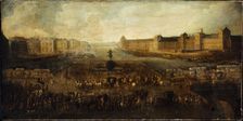 Pont-Neuf, seen from entrance to Place Dauphine, the Malaquais quay with..., between 1660 and 1670. Creator: Unknown