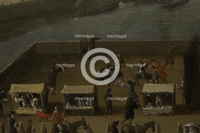 Pont-Neuf, seen from entrance to Place Dauphine, Malaquais quay with College des..., c1666 and 1669. Creator: Unknown.