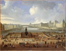 Pont-Neuf, seen from entrance to Place Dauphine, Malaquais quay with College des..., c1666 and 1669. Creator: Unknown