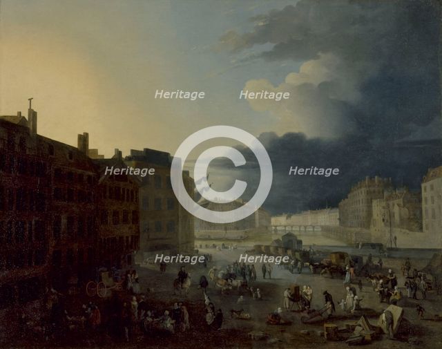 Pont Rouge and the tip of ile Saint-Louis and ile de la Cite, seen from the Port au Ble, 1791. Creator: Jacques-Albert Senave.
