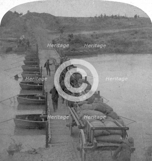 Pontoon bridge across the Modder River, Boer War, South Africa, 1900.Artist: Underwood & Underwood