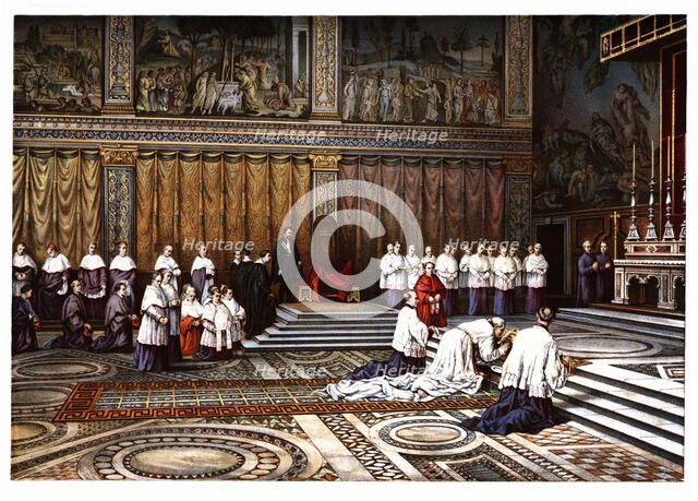 Pontifical ceremonies. Adoration of the Cross in the Sistine Chapel. Color engraving from 1871.