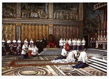 Pontifical ceremonies. Adoration of the Cross in the Sistine Chapel. Color engraving from 1871