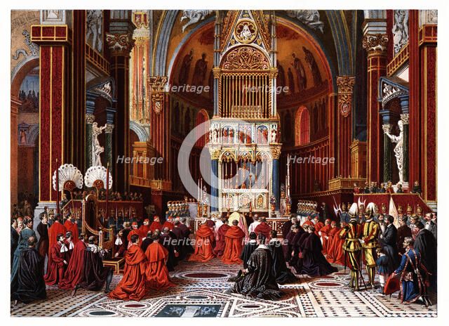 Pontifical ceremonies. Ascension day to the papal chapel of San Juan de Letran. Color engraving f…