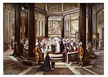 Pontifical ceremonies. Baptism of new converts in San Juan de Letrán. Color engraving from 1871
