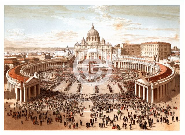 Pontifical ceremonies. Benediction urbi et orbi in Saint Peter's square. Color engraving from 1871.