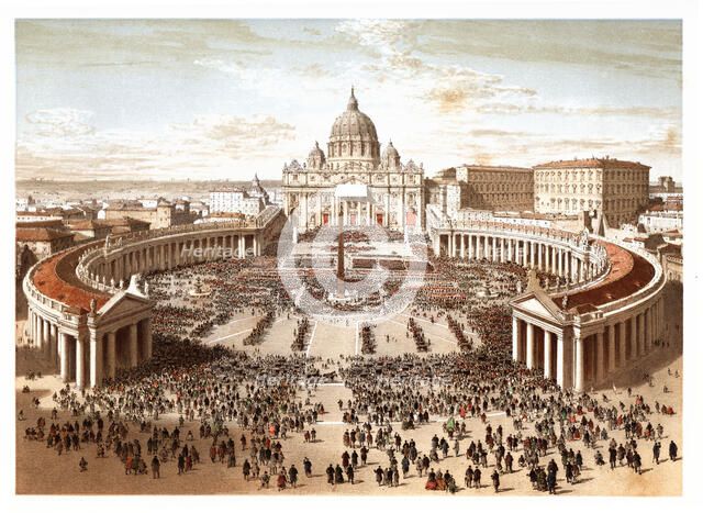 Pontifical ceremonies. Benediction urbi et orbi in Saint Peter's square. Color engraving from 1871.