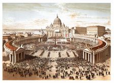 Pontifical ceremonies. Benediction urbi et orbi in Saint Peter's square. Color engraving from 1871