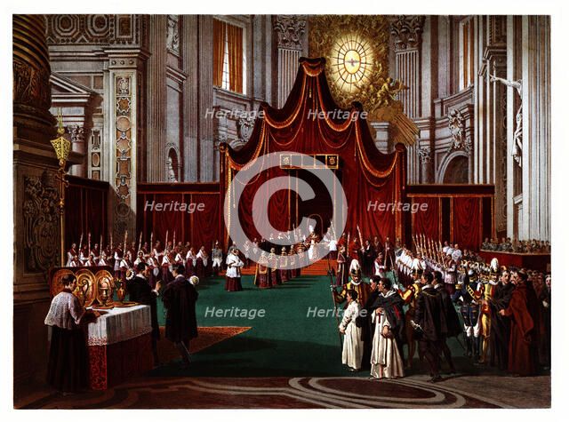 Pontifical ceremonies. Blessing of the Palm Sunday. Color engraving from 1871.