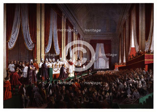 Pontifical ceremonies. Cardinals Dinner. Color engraving from 1871.