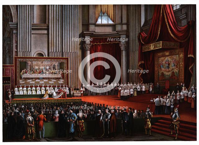 Pontifical ceremonies. Cardinals pedilavium, color engraving, 1871.