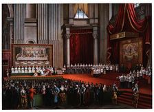 Pontifical ceremonies. Cardinals pedilavium, color engraving, 1871