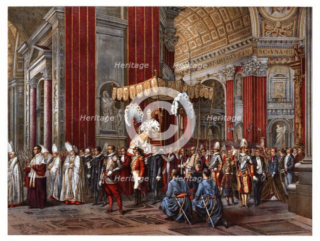 Pontifical ceremonies. Pope Pius IX led to his seat of honour. Color engraving from 1871.