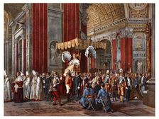 Pontifical ceremonies. Pope Pius IX led to his seat of honour. Color engraving from 1871
